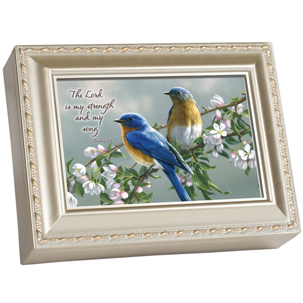 3831 The Lord is My Strength Song Silvertone Rope Trim Jewelry Music Box